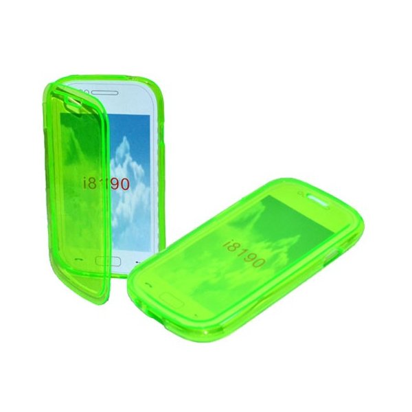 CUSTODIA GEL TPU SILICONE FLIP BOOK per SAMSUNG I8190 GALAXY S3 MINI, I8200 GALAXY S3 MINI VE COLORE VERDE TRASPARENTE