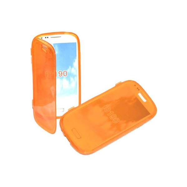 CUSTODIA GEL TPU SILICONE FLIP BOOK per SAMSUNG I8190 GALAXY S3 MINI, I8200 GALAXY S3 MINI VE COLORE ARANCIONE TRASPARENTE