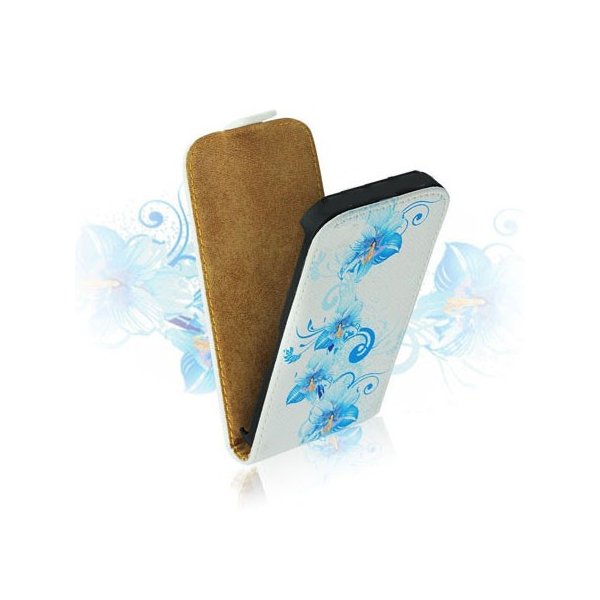 CUSTODIA FLIP VERTICALE SLIM PELLE per SAMSUNG S7562 GALAXY S DUOS, S7560 GALAXY TREND, S7580 FANTASIA FIORI BLU