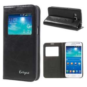 CUSTODIA FLIP ORIZZONTALE PELLE per SAMSUNG G3812 GALAXY WIN PRO CON FINESTRA ID, STAND E TASCHE PORTA CARTE COLORE NERO