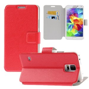 CUSTODIA FLIP ORIZZONTALE per SAMSUNG G900F GALAXY S5, GALAXY S5 NEO G903F CON STAND E PORTA CARTE COLORE ROSSO EFFETTO CROSS