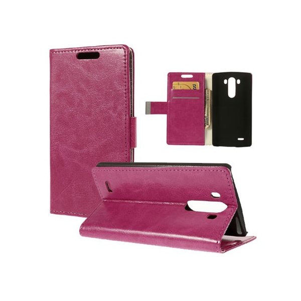 CUSTODIA FLIP ORIZZONTALE PELLE per LG G3 D850, D855, LS990 CON STAND E TASCHE PORTA CARTE COLORE FUCSIA