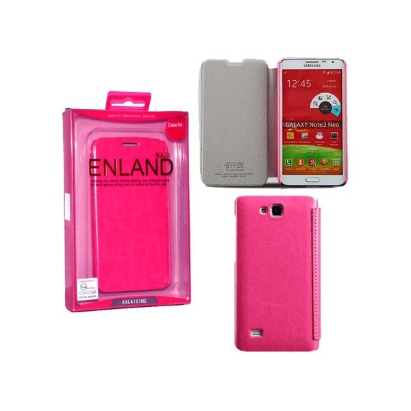 CUSTODIA FLIP ORIZZONTALE PELLE per SAMSUNG N7500 GALAXY NOTE 3 NEO, N7502, N7505 COLORE FUCSIA BLISTER ENLAND