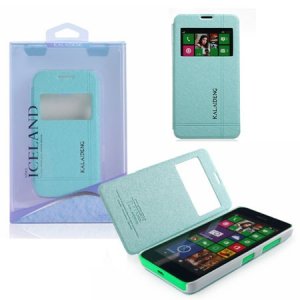 CUSTODIA FLIP ORIZZONTALE per NOKIA LUMIA 630 CON STAND E FINESTRA ID COLORE AZZURRO EFFETTO CROSS ICELAND II BLISTER