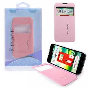 CUSTODIA FLIP ORIZZONTALE per LG L90 DUAL D410 CON STAND E FINESTRA ID COLORE ROSA EFFETTO CROSS ICELAND II