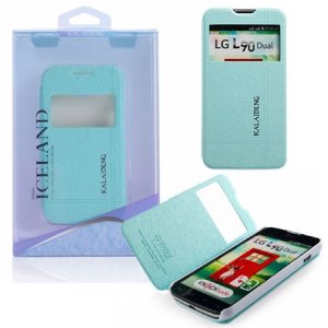 CUSTODIA FLIP ORIZZONTALE per LG L90 DUAL D410 CON STAND E FINESTRA ID COLORE AZZURRO EFFETTO CROSS ICELAND II