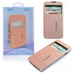 CUSTODIA FLIP ORIZZONTALE per LG L90 DUAL D410 CON STAND E FINESTRA ID COLORE ORO EFFETTO CROSS ICELAND II