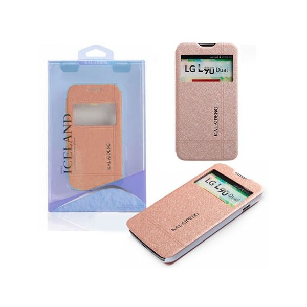 CUSTODIA FLIP ORIZZONTALE per LG L90 DUAL D410 CON STAND E FINESTRA ID COLORE ORO EFFETTO CROSS ICELAND II