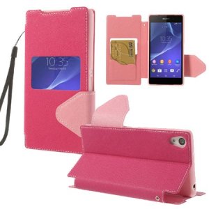 CUSTODIA FLIP ORIZZONTALE PELLE per SONY XPERIA Z2 CON FINESTRA ID, INTERNO IN TPU, LACCIO DA POLSO E STAND COLORE ROSA