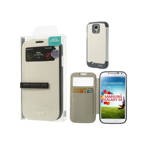 CUSTODIA FLIP ORIZZONTALE per SAMSUNG I9500 GALAXY S4 CON FINESTRA ID E INTERNO IN TPU COLORE BIANCO WOW! MERCURY BLISTER