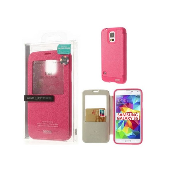 CUSTODIA FLIP ORIZZONTALE per SAMSUNG G900 GALAXY S5, S5 NEO CON FINESTRA ID E INTERNO IN TPU COLORE ROSA WOW! MERCURY BLISTER