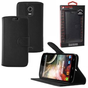 CUSTODIA FLIP ORIZZONTALE PELLE per WIKO DARKMOON CON STAND COLORE NERO ALTA QUALITA' MOCCA BLISTER