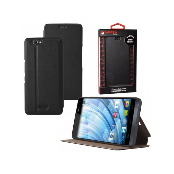 CUSTODIA FLIP ORIZZONTALE PELLE per WIKO GETAWAY CON STAND COLORE NERO ALTA QUALITA' MOCCA BLISTER