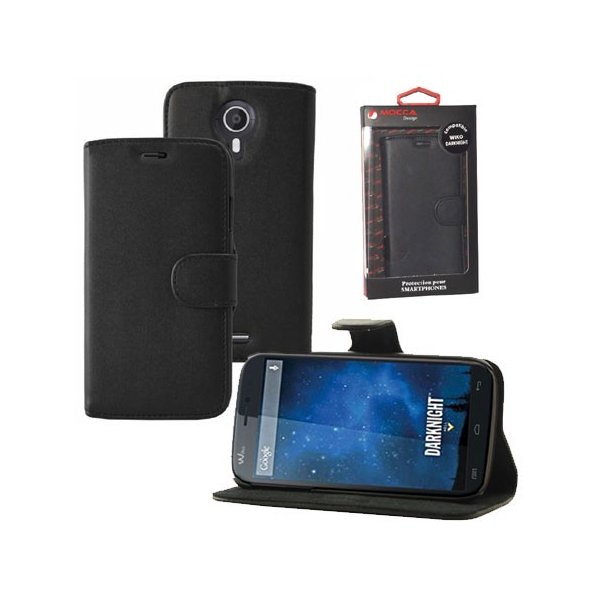 CUSTODIA FLIP ORIZZONTALE PELLE per WIKO DARKNIGHT CON STAND COLORE NERO ALTA QUALITA' MOCCA BLISTER