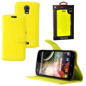 CUSTODIA FLIP ORIZZONTALE PELLE per WIKO DARKMOON CON STAND COLORE GIALLO FLUORESCENTE ALTA QUALITA' MOCCA BLISTER