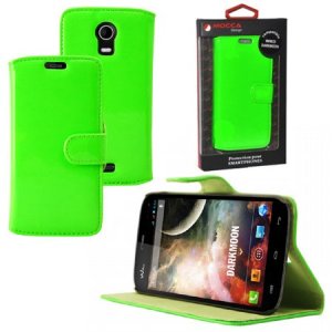 CUSTODIA FLIP ORIZZONTALE PELLE per WIKO DARKMOON CON STAND COLORE VERDE FLUORESCENTE ALTA QUALITA' MOCCA BLISTER