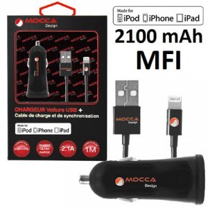 CARICATORE AUTO 2100mAh + CAVO LIGHTNING (CERTIFICATO MFI) LUNGHEZZA 1 MT COLORE NERO MOCCA MDCC03 BLISTER