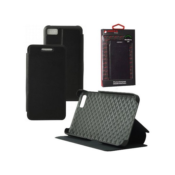 CUSTODIA FLIP ORIZZONTALE PELLE per BLACKBERRY Z10 CON STAND COLORE NERO ALTA QUALITA' MOCCA BLISTER