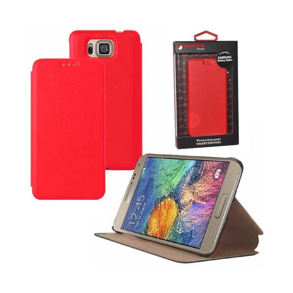 CUSTODIA FLIP ORIZZONTALE PELLE per SAMSUNG G850 GALAXY ALPHA CON STAND COLORE ROSSO ALTA QUALITA' MOCCA BLISTER