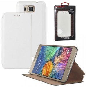 CUSTODIA FLIP ORIZZONTALE PELLE per SAMSUNG G850 GALAXY ALPHA CON STAND COLORE BIANCO ALTA QUALITA' MOCCA BLISTER