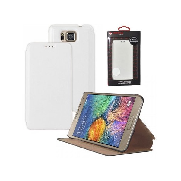 CUSTODIA FLIP ORIZZONTALE PELLE per SAMSUNG G850 GALAXY ALPHA CON STAND COLORE BIANCO ALTA QUALITA' MOCCA BLISTER