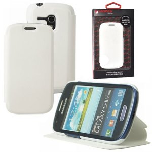 CUSTODIA FLIP ORIZZONTALE PELLE per SAMSUNG I8190 GALAXY S3 MINI, I8200 CON STAND COLORE BIANCO ALTA QUALITA' MOCCA BLISTER