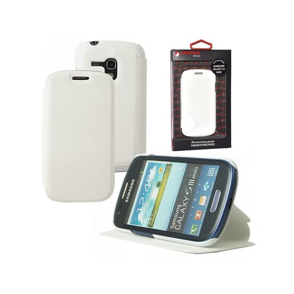 CUSTODIA FLIP ORIZZONTALE PELLE per SAMSUNG I8190 GALAXY S3 MINI, I8200 CON STAND COLORE BIANCO ALTA QUALITA' MOCCA BLISTER