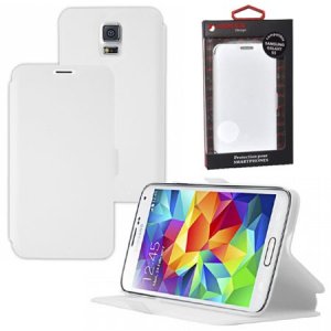 CUSTODIA FLIP ORIZZONTALE PELLE per SAMSUNG G900F GALAXY S5, S5 NEO CON STAND E PORTA CARTE BIANCO ALTA QUALITA' MOCCA BLISTER