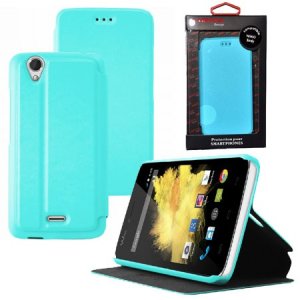 CUSTODIA FLIP ORIZZONTALE PELLE per WIKO BIRDY 4G CON STAND COLORE AZZURRO ALTA QUALITA' MOCCA BLISTER