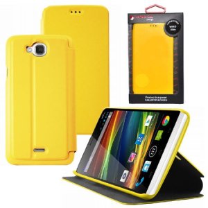 CUSTODIA FLIP ORIZZONTALE PELLE per WIKO SLIDE CON STAND COLORE GIALLO ALTA QUALITA' MOCCA BLISTER
