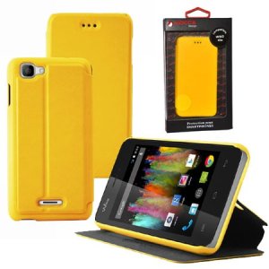 CUSTODIA FLIP ORIZZONTALE PELLE per WIKO KITE 4G CON STAND COLORE GIALLO ALTA QUALITA' MOCCA BLISTER