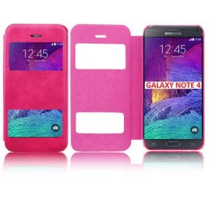 CUSTODIA FLIP ORIZZONTALE per SAMSUNG GALAXY NOTE 4  CON DOPPIA FINESTRA IDENTIFICATIVO CHIAMANTE COLORE ROSA