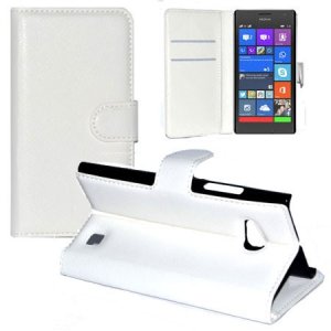 CUSTODIA FLIP ORIZZONTALE PELLE per NOKIA LUMIA 730 DUAL SIM, LUMIA 735 CON STAND E TASCHE PORTA CARTE COLORE BIANCO
