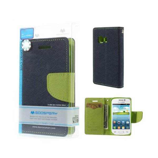 CUSTODIA FLIP ORIZZONTALE per SAMSUNG G130 GALAXY YOUNG 2 CON INTERNO IN TPU SILICONE COLORE BLU FANCY DIARY BLISTER MERCURY