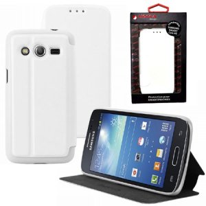 CUSTODIA FLIP ORIZZONTALE PELLE per SAMSUNG G386 GALAXY CORE LTE, G3518 CON STAND COLORE BIANCO ALTA QUALITA' MOCCA BLISTER
