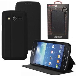 CUSTODIA FLIP ORIZZONTALE PELLE per SAMSUNG G386 GALAXY CORE LTE, G3518 CON STAND COLORE NERO ALTA QUALITA' MOCCA BLISTER