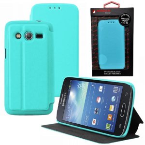 CUSTODIA FLIP ORIZZONTALE PELLE per SAMSUNG G386 GALAXY CORE LTE, G3518 CON STAND COLORE AZZURRO ALTA QUALITA' MOCCA BLISTER