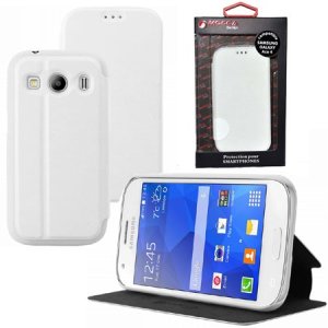 CUSTODIA FLIP ORIZZONTALE PELLE per SAMSUNG G357 GALAXY ACE 4 CON STAND COLORE BIANCO ALTA QUALITA' MOCCA BLISTER
