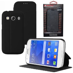 CUSTODIA FLIP ORIZZONTALE PELLE per SAMSUNG G357 GALAXY ACE 4 CON STAND COLORE NERO ALTA QUALITA' MOCCA BLISTER