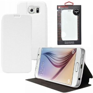 CUSTODIA FLIP ORIZZONTALE SLIM PELLE per SAMSUNG SM-G920 GALAXY S6 CON STAND COLORE BIANCO ALTA QUALITA' MOCCA BLISTER