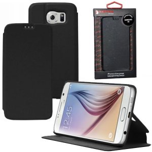 CUSTODIA FLIP ORIZZONTALE SLIM PELLE per SAMSUNG SM-G920 GALAXY S6 CON STAND COLORE NERO ALTA QUALITA' MOCCA BLISTER