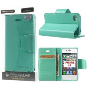 CUSTODIA FLIP ORIZZONTALE PELLE per APPLE IPHONE 4, IPHONE 4s CON INTERNO IN TPU E STAND COLORE VERDE ACQUA SONATA BLISTER