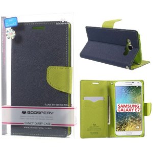 CUSTODIA FLIP ORIZZONTALE per SAMSUNG SM-E700 GALAXY E7 CON INTERNO IN TPU E STAND COLORE BLU FANCY DIARY BLISTER MERCURY