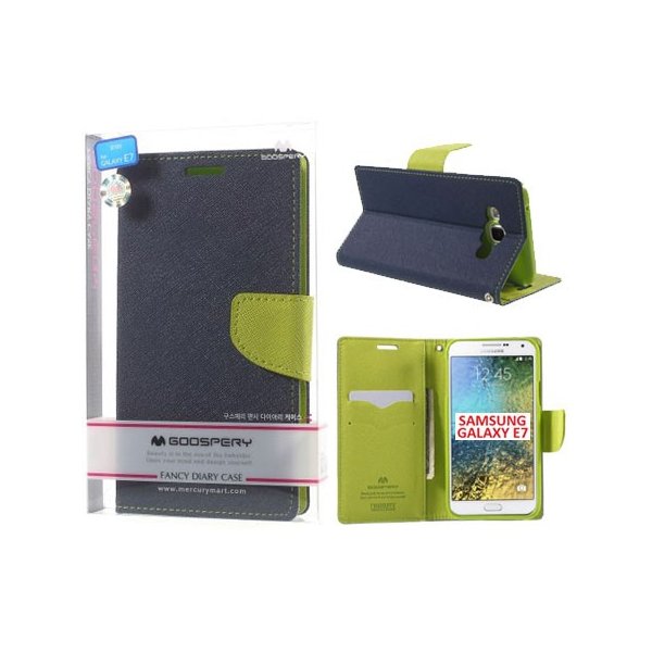 CUSTODIA FLIP ORIZZONTALE per SAMSUNG SM-E700 GALAXY E7 CON INTERNO IN TPU E STAND COLORE BLU FANCY DIARY BLISTER MERCURY