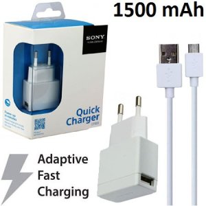CARICATORE DA RETE 1500mAh ORIGINALE SONY CON 1 PORTA USB + CAVO MICRO USB QUICK CHARGER COLORE BIANCO EP881 BLISTER