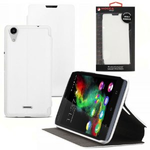 CUSTODIA FLIP ORIZZONTALE PELLE per WIKO RAINBOW LITE 4G CON STAND COLORE BIANCO ALTA QUALITA' MOCCA BLISTER