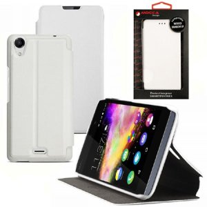 CUSTODIA FLIP ORIZZONTALE PELLE per WIKO RAINBOW UP CON STAND COLORE BIANCO ALTA QUALITA' MOCCA BLISTER