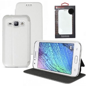 CUSTODIA FLIP ORIZZONTALE SLIM PELLE per SM-J100H GALAXY J1 CON STAND COLORE BIANCO ALTA QUALITA' MOCCA BLISTER