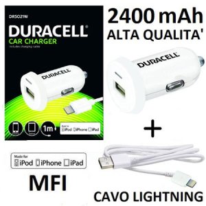 CARICATORE AUTO 2400 mAh CON 1 PORTA USB + CAVO LIGHTNING (CERTIFICATO MFI) COLORE BIANCO DURACELL DR5021W BLISTER
