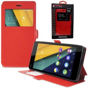 CUSTODIA FLIP ORIZZONTALE PELLE per WIKO PULP 3G, PULP 4G CON INTERNO IN TPU, CHIUSURA MAGNETICA E FINESTRA ID ROSSO MOCCA